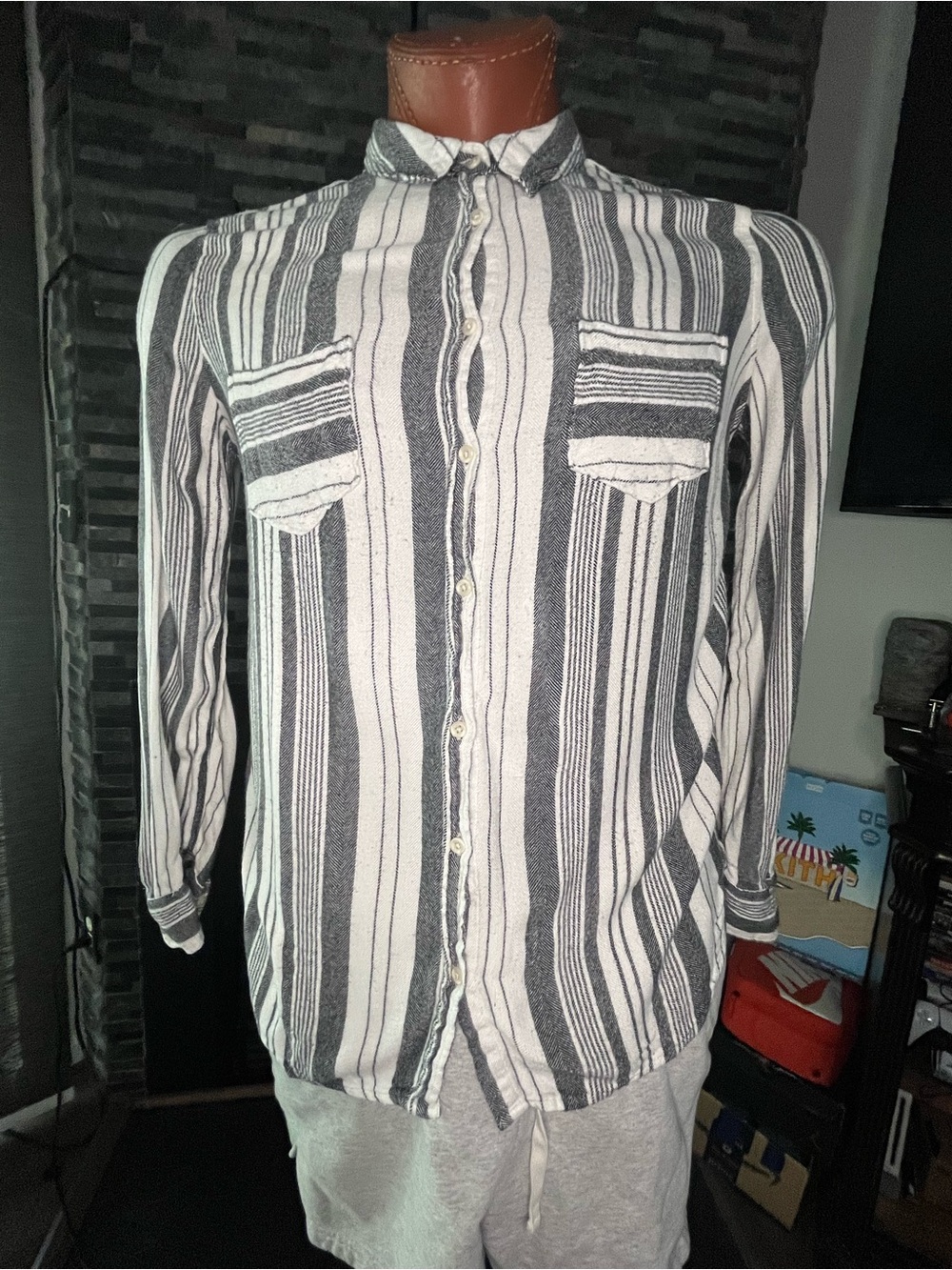 Merona Casual Grey and White Vertical Stripe Button-Up Shirt